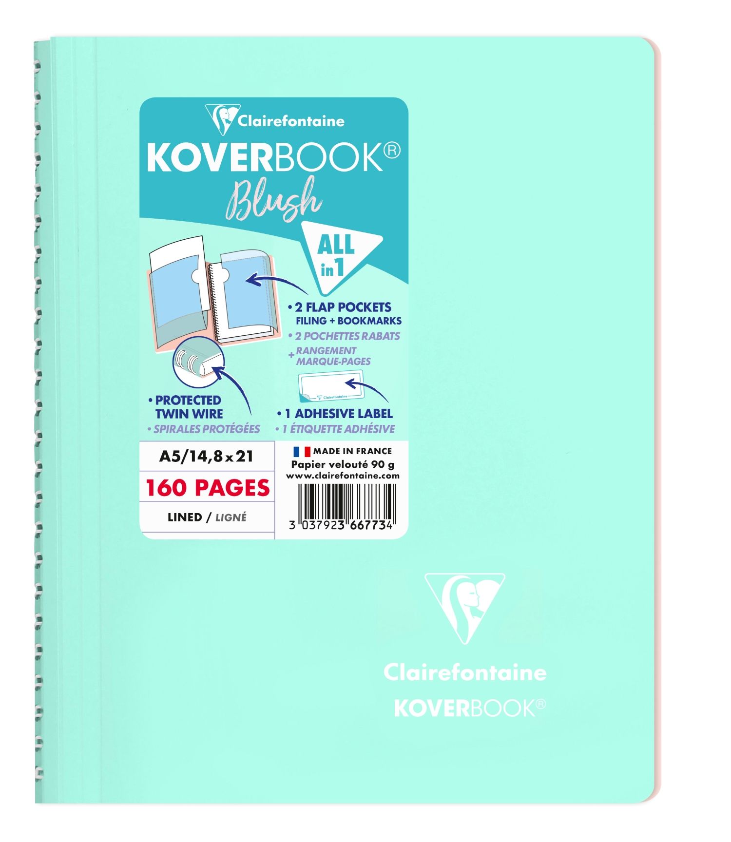 法國 Clairefontaine Koverbook BLUSH 雙色不透明防潑水軟殼線圈筆記本/ 橫線/ A5/ 160頁/ 薄荷綠 & 淺粉