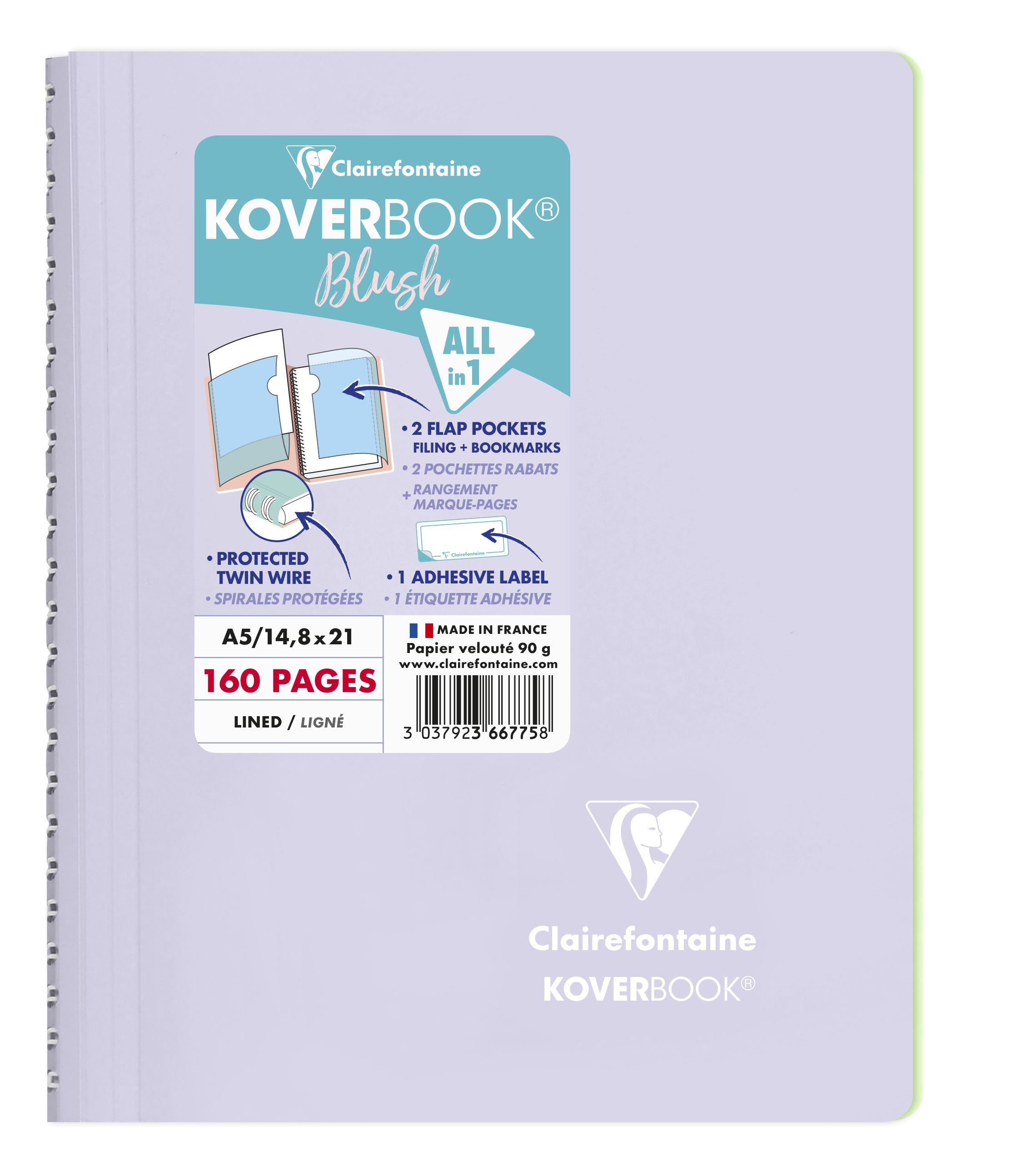 法國 Clairefontaine Koverbook BLUSH 雙色不透明防潑水軟殼線圈筆記本/ 橫線/ A5/ 160頁/ 丁香紫 & 抹茶綠