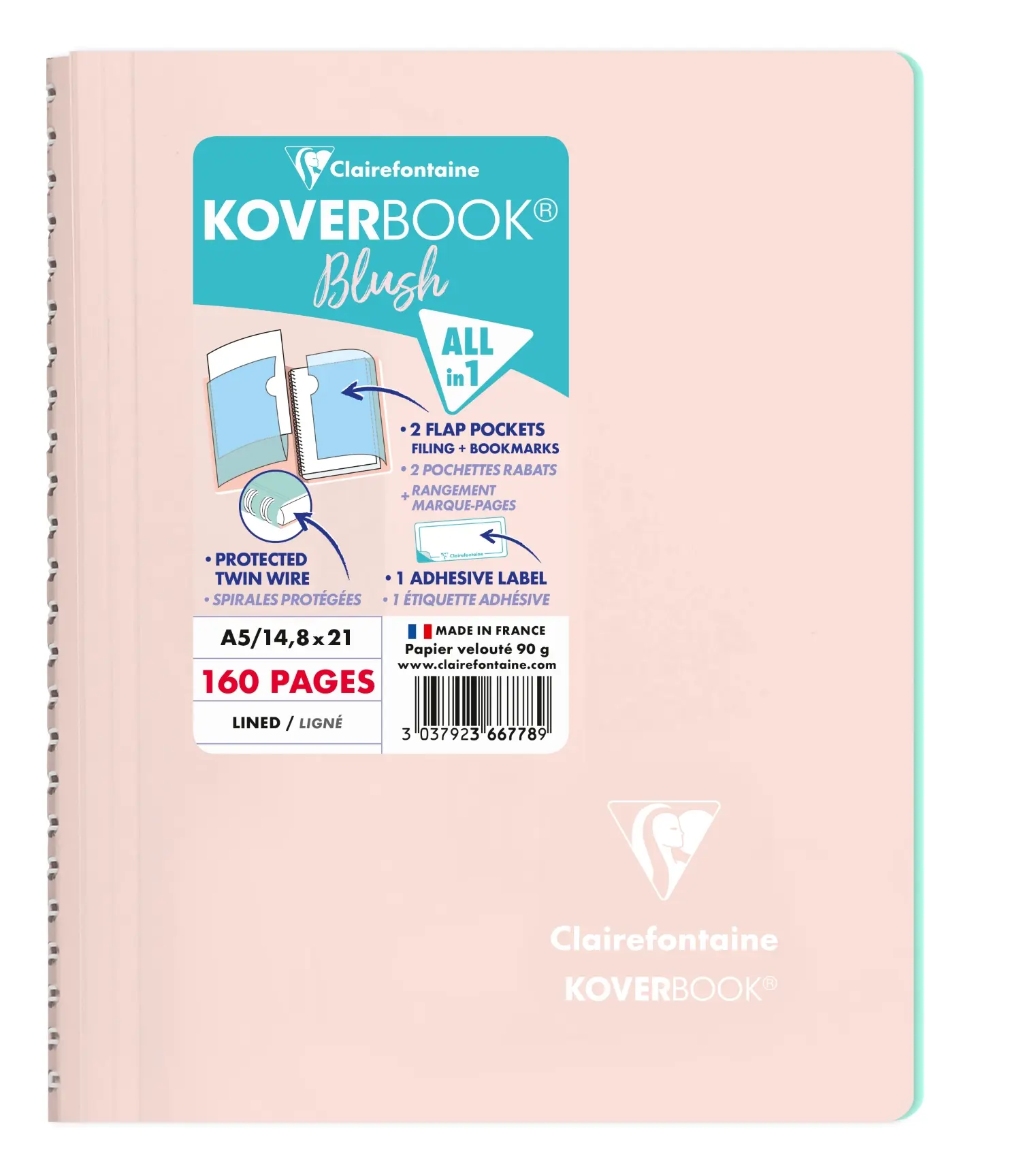 法國 Clairefontaine Koverbook BLUSH 雙色不透明防潑水軟殼線圈筆記本/ 橫線/ A5/ 160頁/ 粉紅 & 薄荷綠