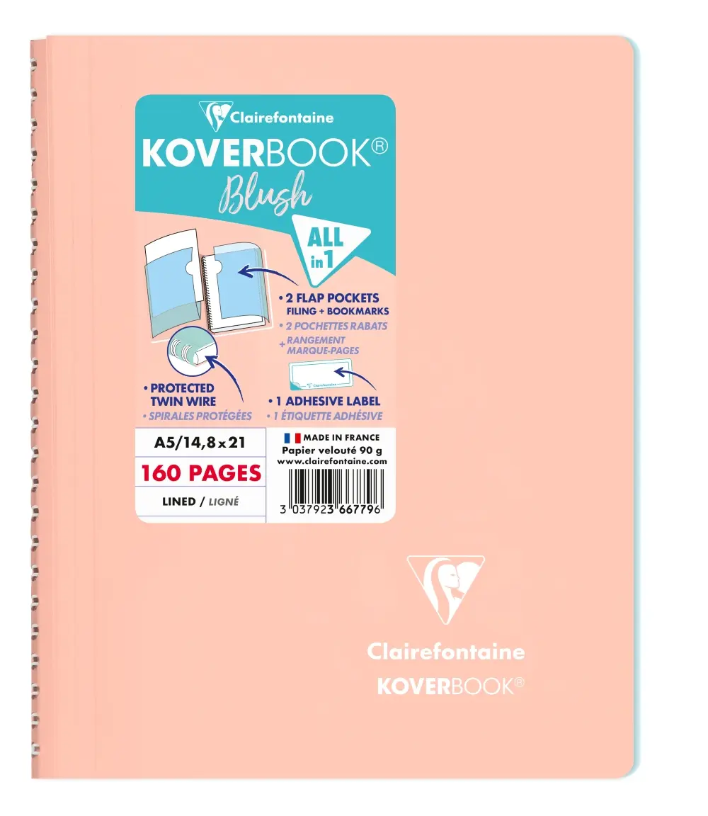 法國 Clairefontaine Koverbook BLUSH 雙色不透明防潑水軟殼線圈筆記本/ 橫線/ A5/ 160頁/ 珊瑚橘 & 冰山藍