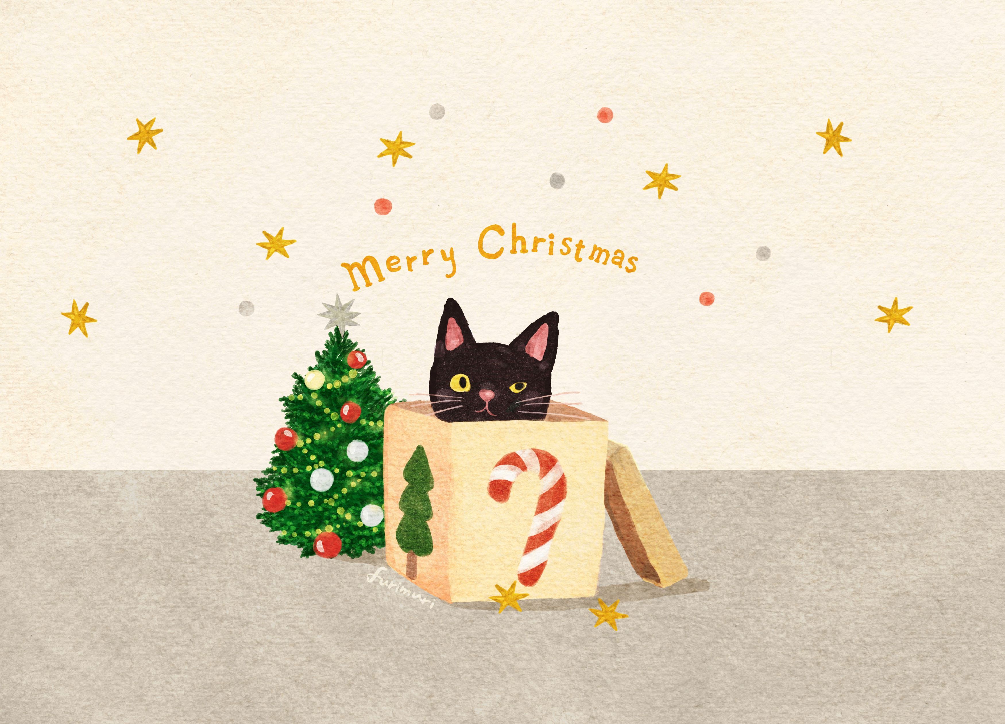 furimuri燙金明信片/ Merry Christmas禮物盒的小黑貓