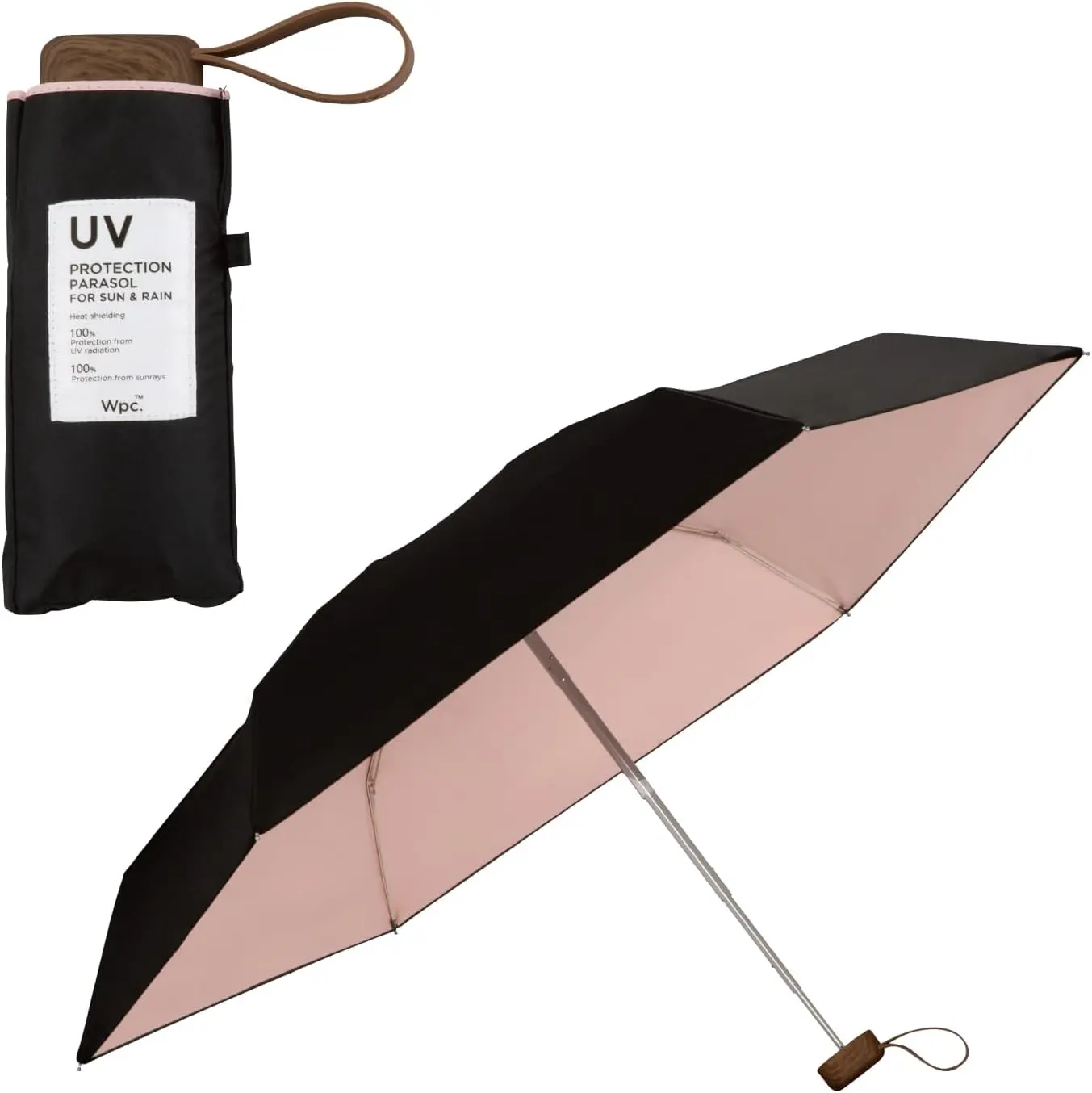 日本 Wpc. 完全遮光UV100%小方形折傘/ Shading Inside Color Black+Pale Pink
