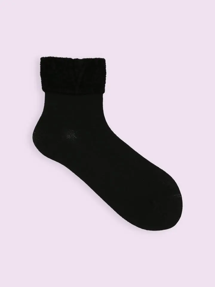 【日本Tabio】馬海毛蓬鬆中筒襪/ 12/ Black+Black