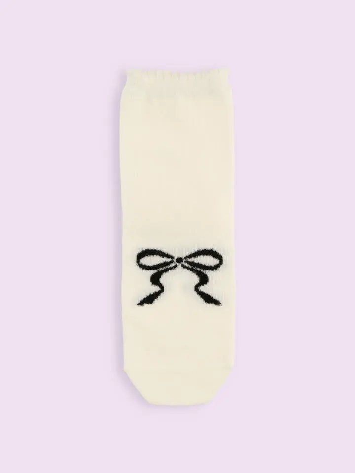 【日本Tabio】絨毛紗線蝴蝶結中筒襪/ 01/ Off  White