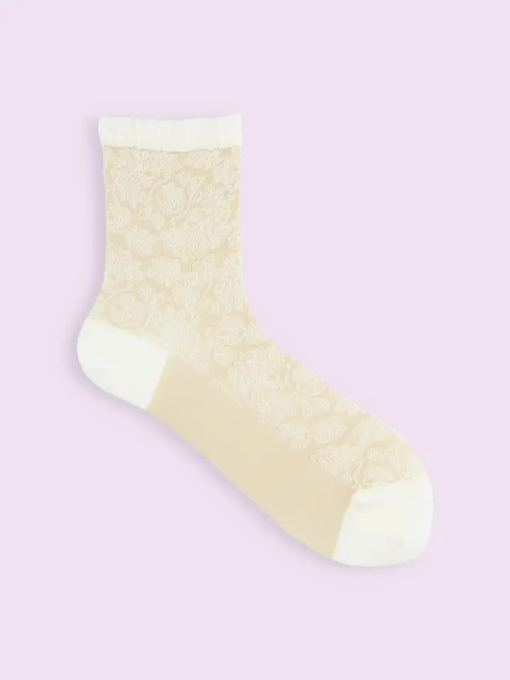 【日本Tabio】毛混荷葉襪口花朵蕾絲中筒襪/ 01/ Off White