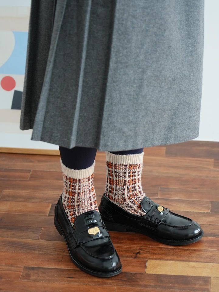 日本 Tabio 格紋克什米爾羊絨中筒襪/ 01/ Off White