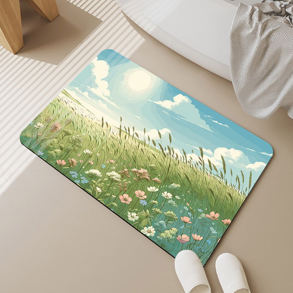 帕斯特收納生活/ 雙層超吸水浴室防滑地墊40x60cm-綠茵花海/浴室 快速吸水 腳踏墊