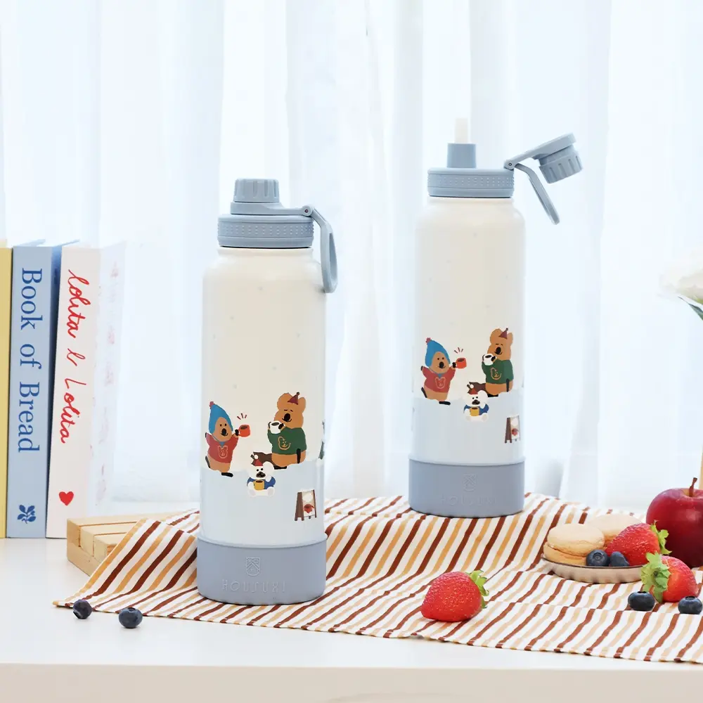 雙層真空長效保溫➤HOUSUXI DINOTAENG大容量保冷保溫瓶/ 附吸管/ 1200ml/ 冬季