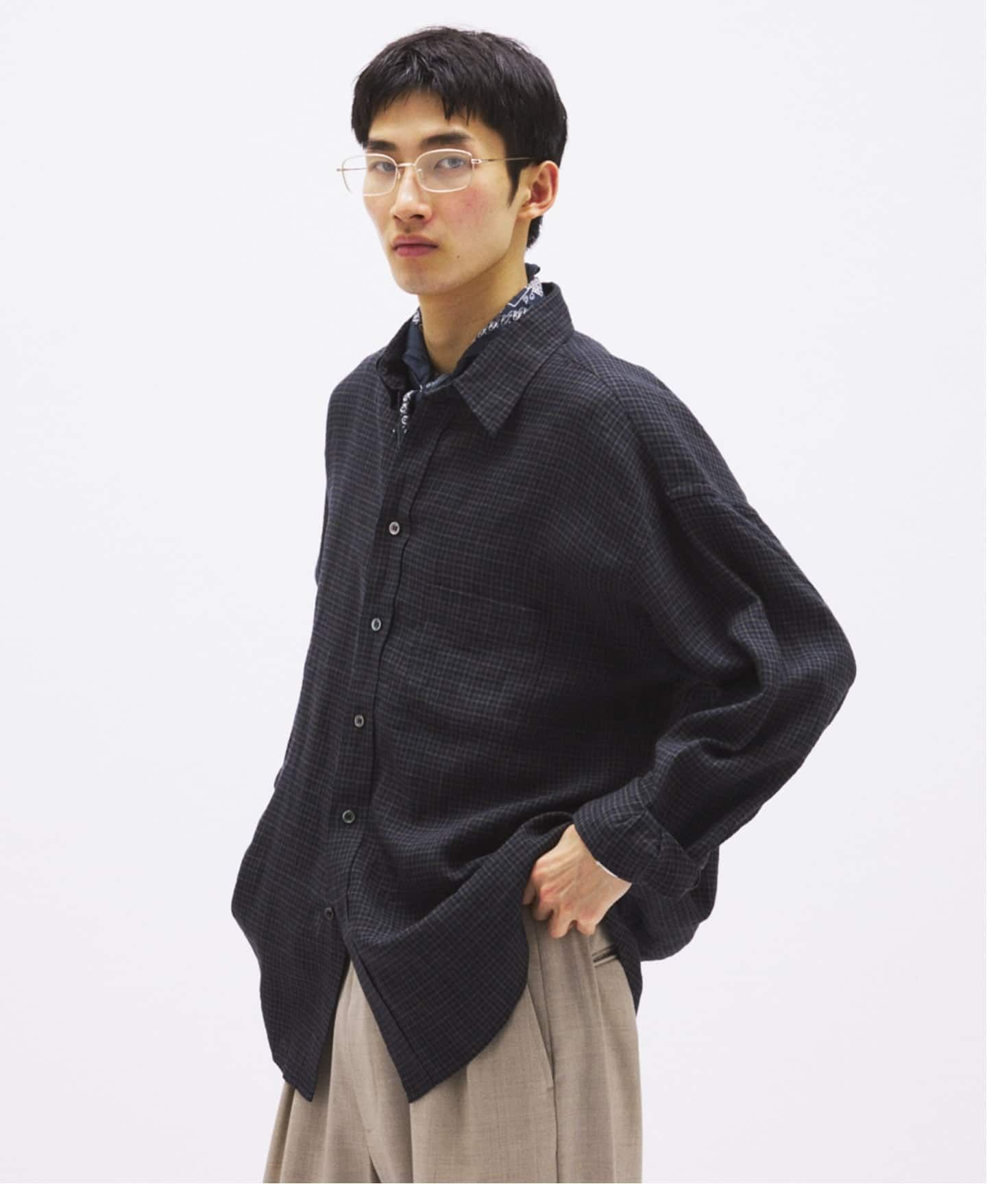 JS/CHECK SOFT LINEN SHIRTS/上衣/黑色(002)/M
