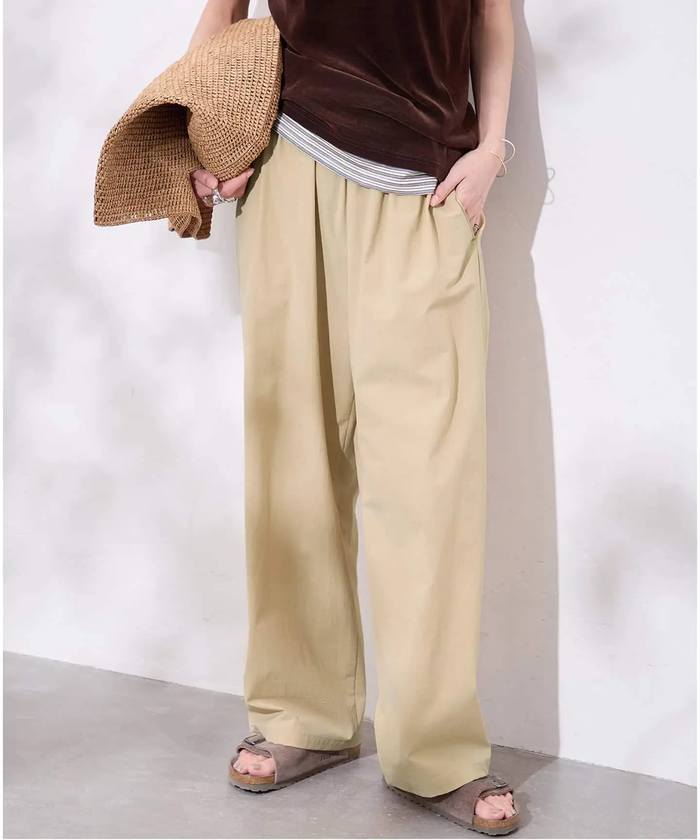 JS/Linen/Nylon Stretch Wide Pants/褲子/米色(027)/040