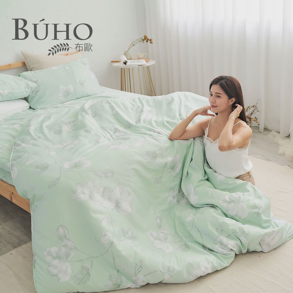 【BUHO布歐】台灣製LYOCELL萊賽爾雙人特大床包+8x7尺兩用被四件組/ 碧水緲色