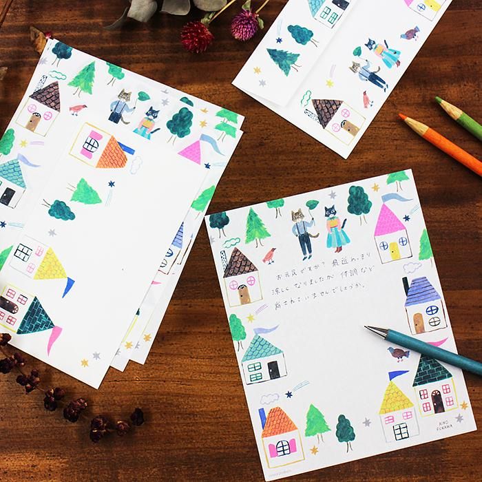日本 cozyca products 螢光信封信紙組/ 布川愛子/ 房子
