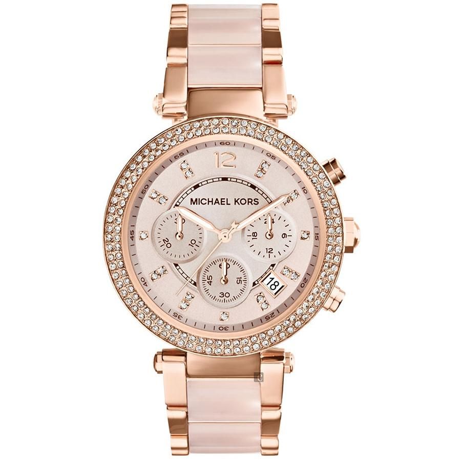 Michael Kors Parker 晶鑽三眼計時錶-粉x雙色/38mm MK5896
