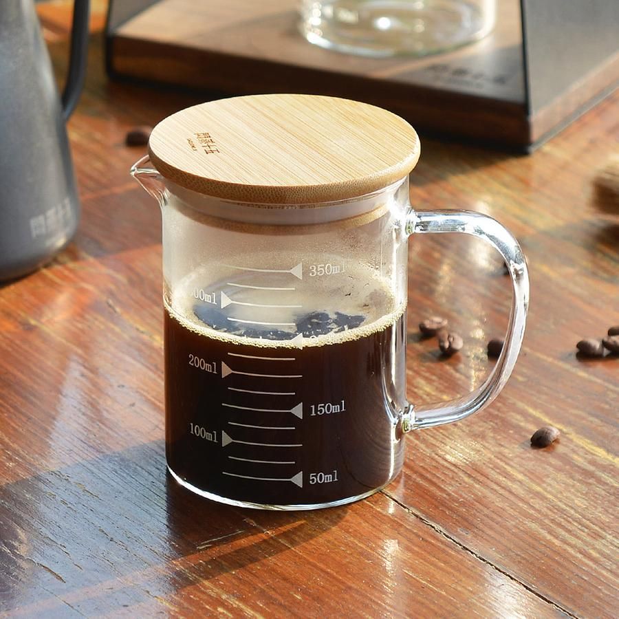 悶蒸十五 附刻度耐熱玻璃咖啡公杯量壺(附天然竹蓋)-350ml