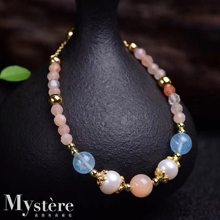 My'stere14K包金~天然太陽石配海藍寶珍珠手鍊