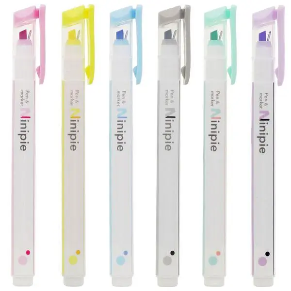 日本 sun-star Ninipie 雙頭雙色記號筆六入組 / 螢光粉 X 螢'光黃 X 灰 X 螢光綠 X 螢光紫 X 螢光藍