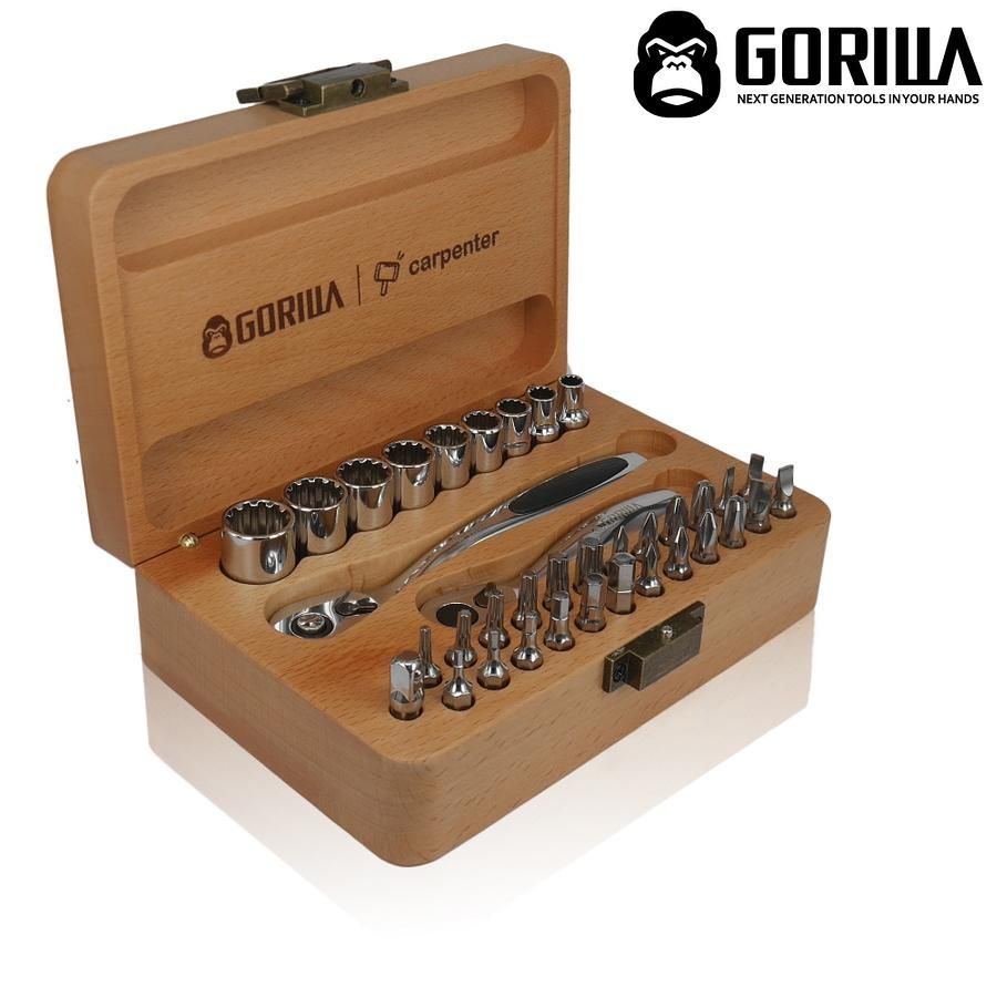 【GORILLA 紳士質人手工具】雙棘輪扳手木盒組(2分扳手36in1套筒起子組) 台灣製造精品