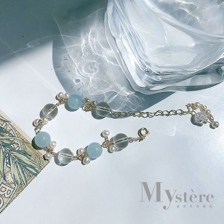 My'stere 14K包金~時尚天然海藍寶配白水晶手鍊