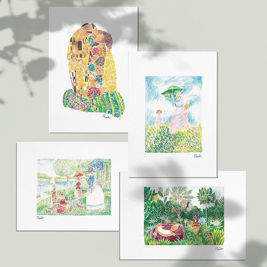 Hello Studio明信片4入組/ 小狐狸名畫Huchii Artist