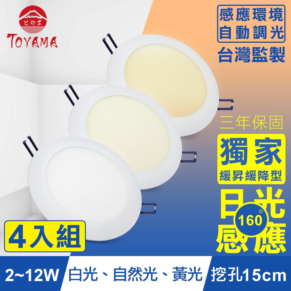 TOYAMA特亞馬 2~12W超薄LED日光感應自動調光節能崁燈 挖孔尺寸15cm 4入組 晝光色(白光)