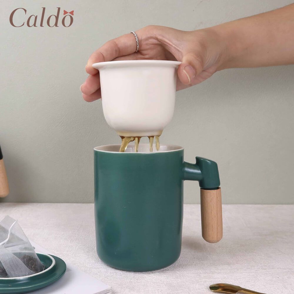 【Caldo 卡朵生活】就是愛喝茶木柄獨享泡茶杯 350ml-藍綠