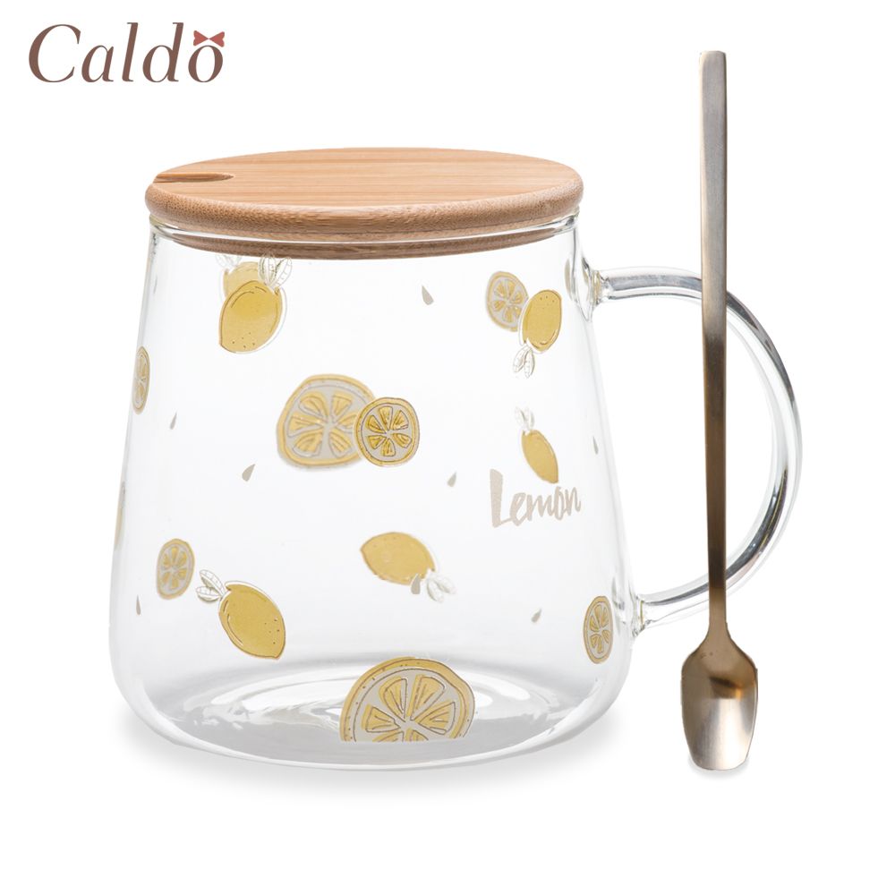 【Caldo 卡朵生活】夏日檸檬耐熱玻璃馬克杯(附蓋+匙) 450ML
