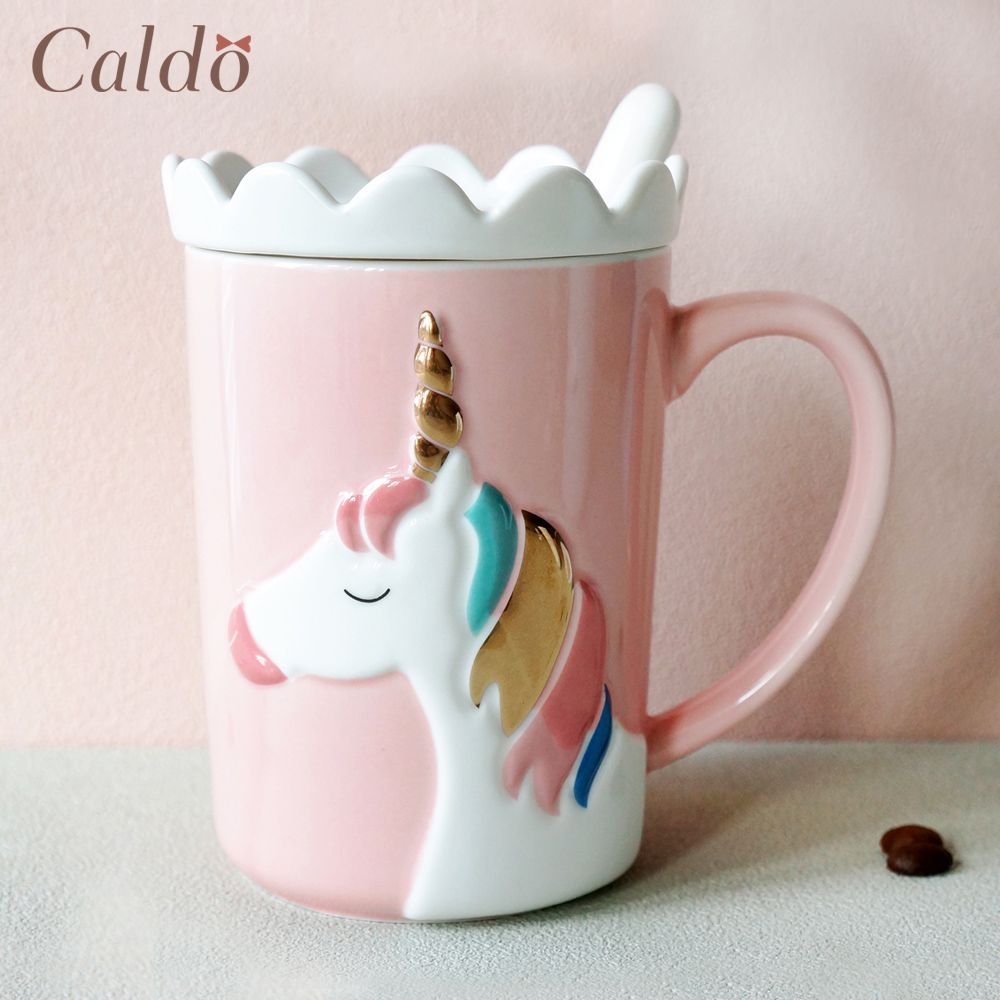 【Caldo 卡朵生活】奇幻獨角獸馬克杯(附蓋+匙)-粉