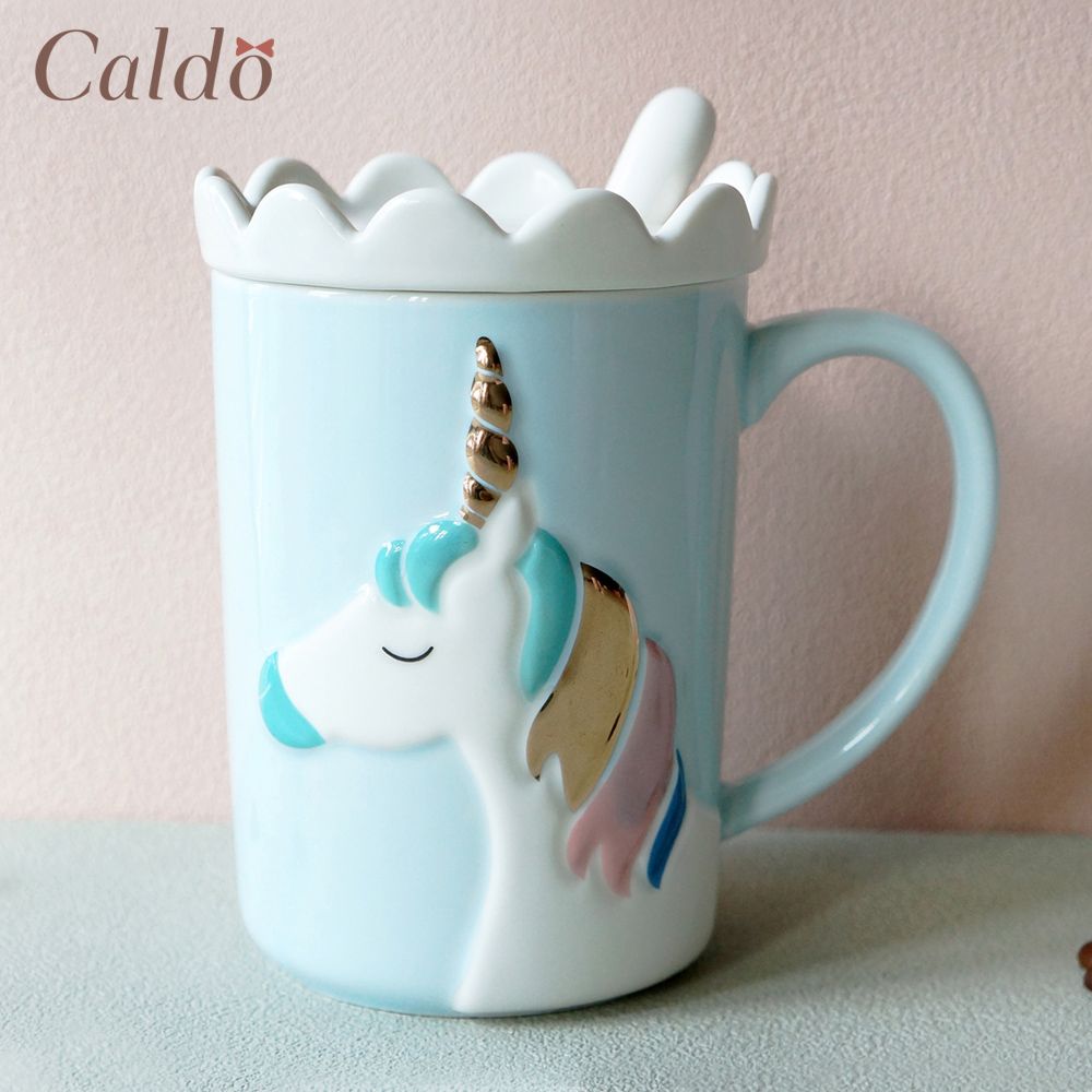 【Caldo 卡朵生活】奇幻獨角獸馬克杯(附蓋+匙)-藍