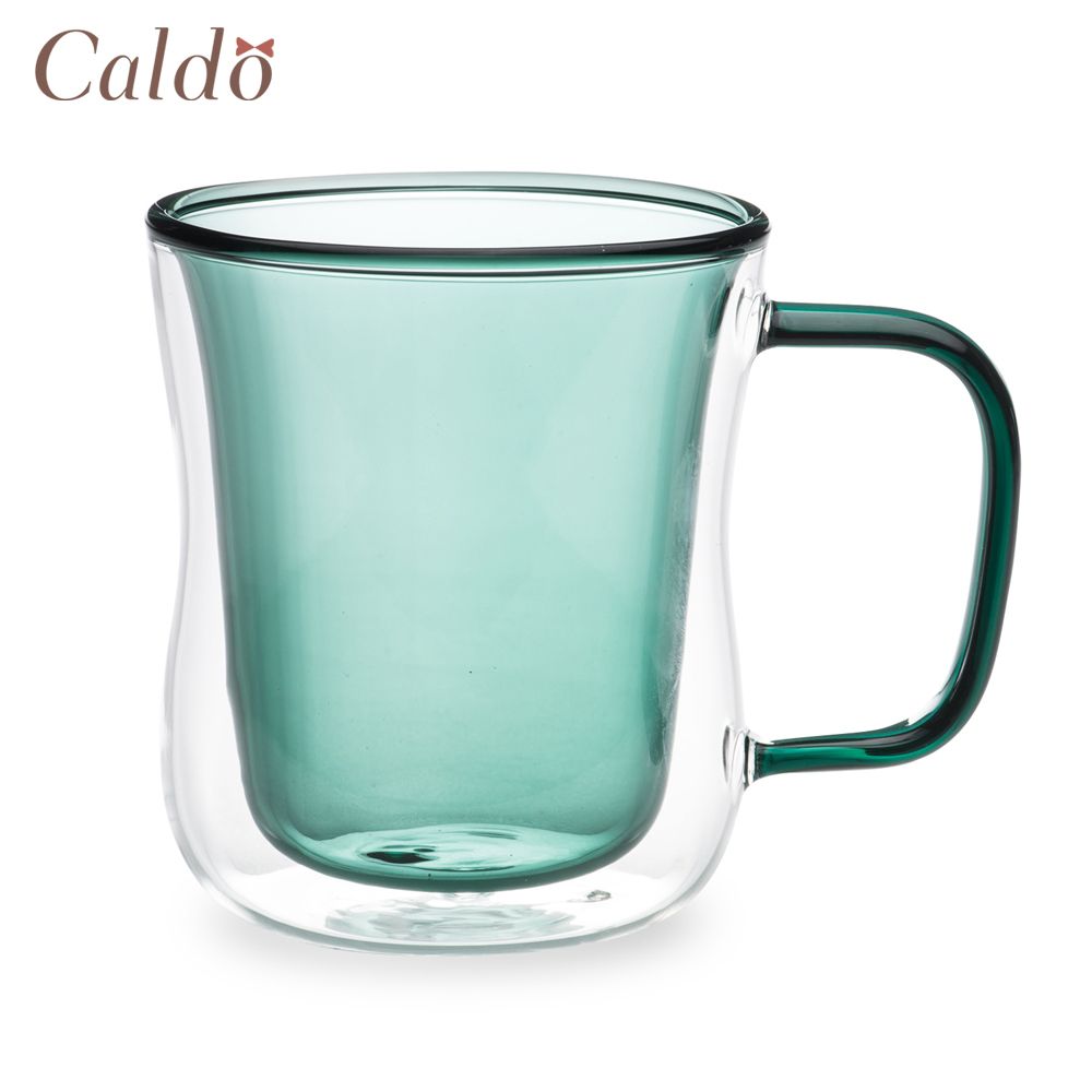 【Caldo 卡朵生活】恬靜雙層隔熱撞色有柄玻璃杯 380ML-湖绿
