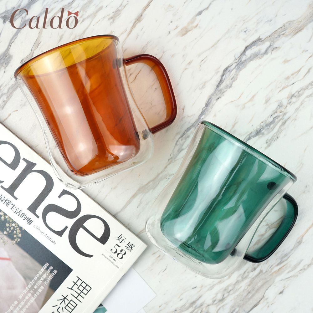 【Caldo 卡朵生活】恬靜雙層隔熱撞色有柄玻璃杯 380ML-琥珀