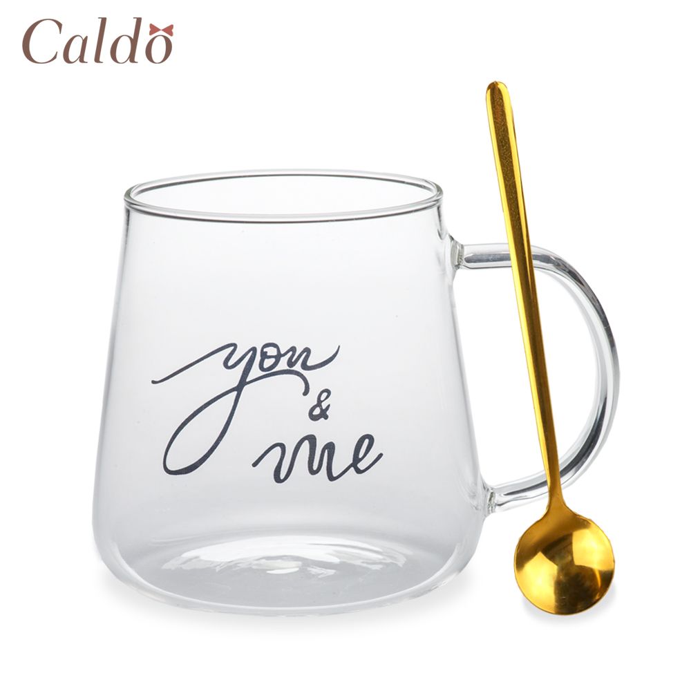 【Caldo 卡朵生活】情話綿綿耐熱玻璃馬克杯(附匙) 450ML-你和我B