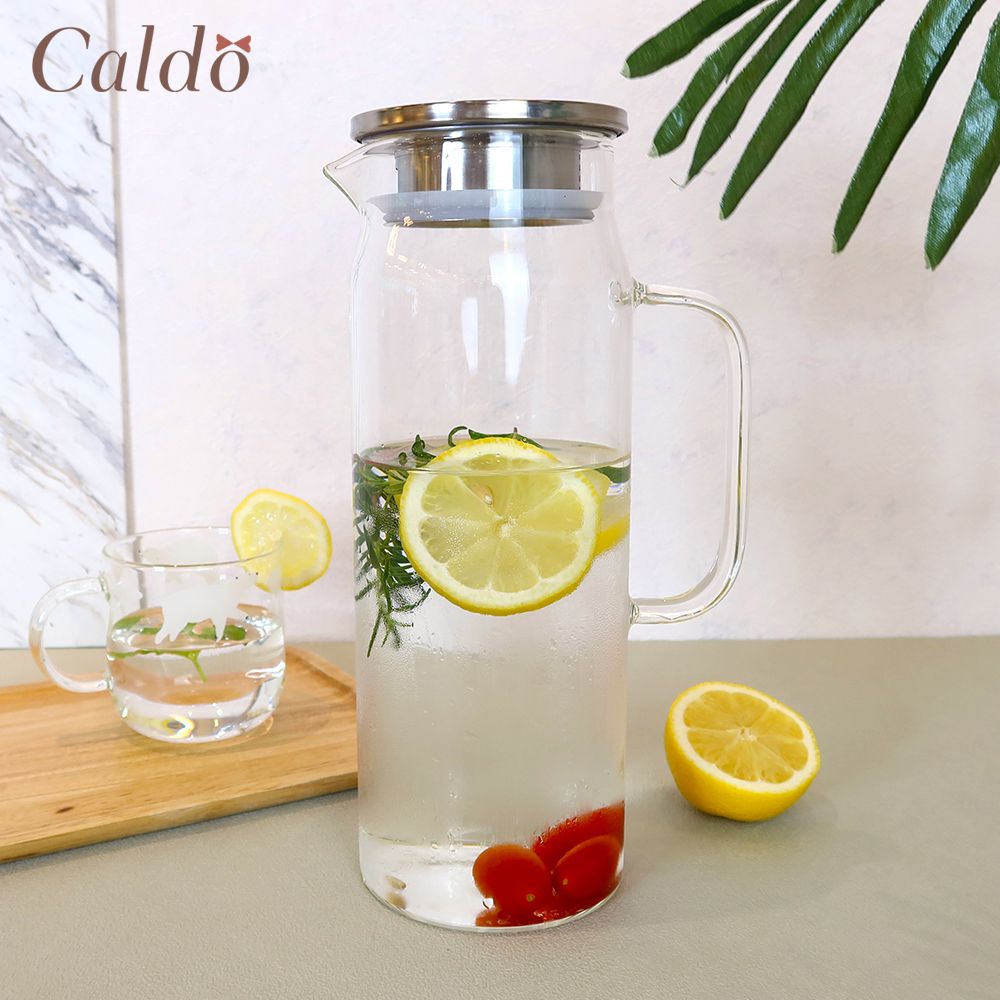 【Caldo 卡朵生活】直筒不鏽鋼蓋耐冷熱玻璃水壺 1.4L