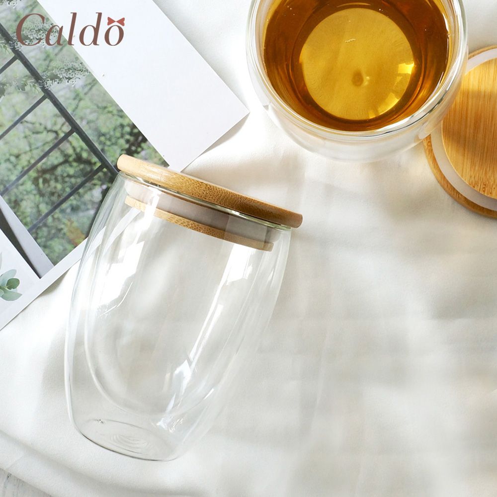 【Caldo 卡朵生活】萃時尚雙層隔熱附木蓋玻璃杯 350ML