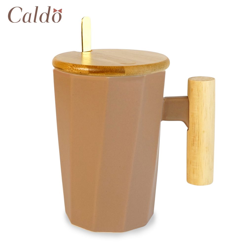 【Caldo 卡朵生活】質感北歐木柄斜紋附蓋馬克杯-粉藕