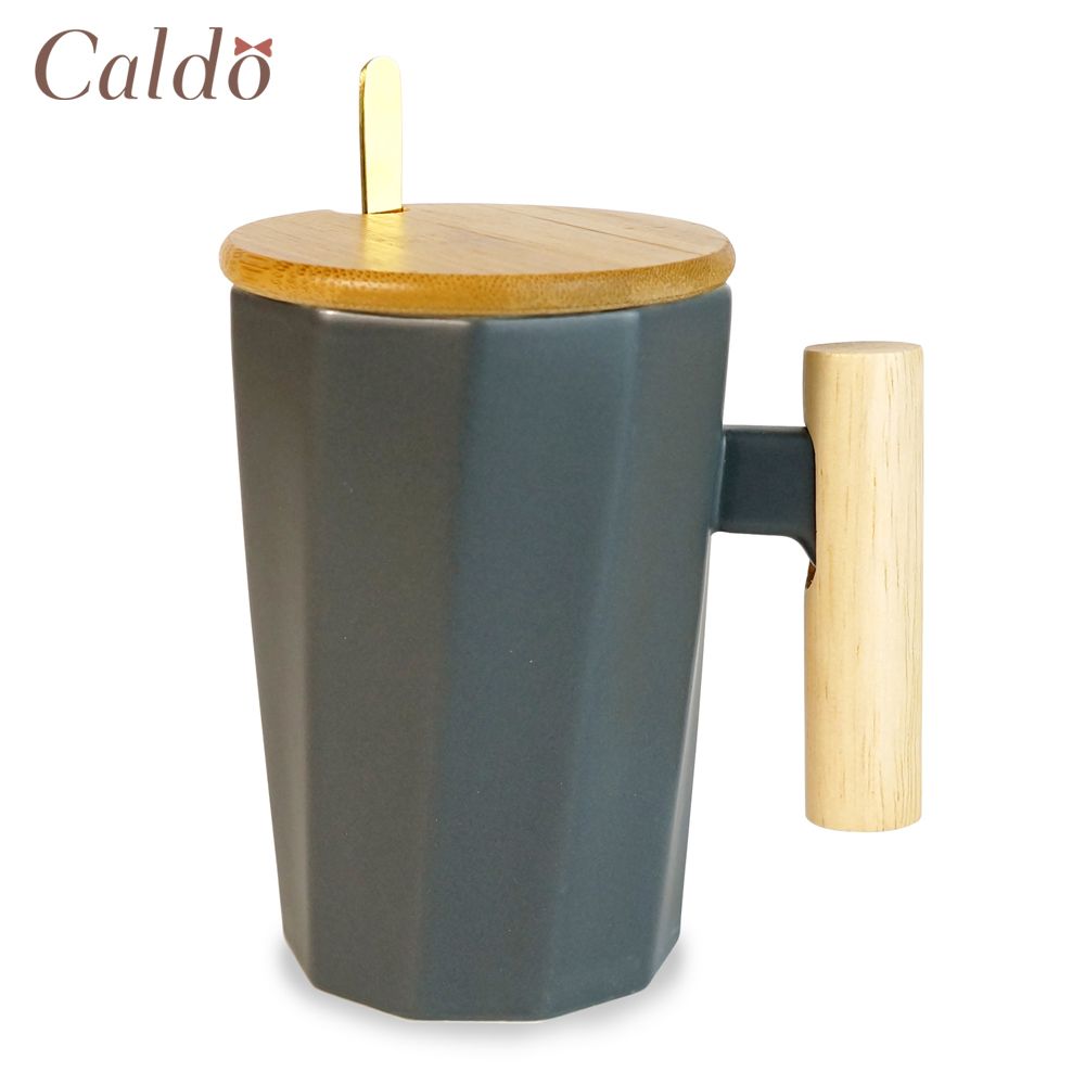 【Caldo 卡朵生活】質感北歐木柄斜紋附蓋馬克杯-靛藍
