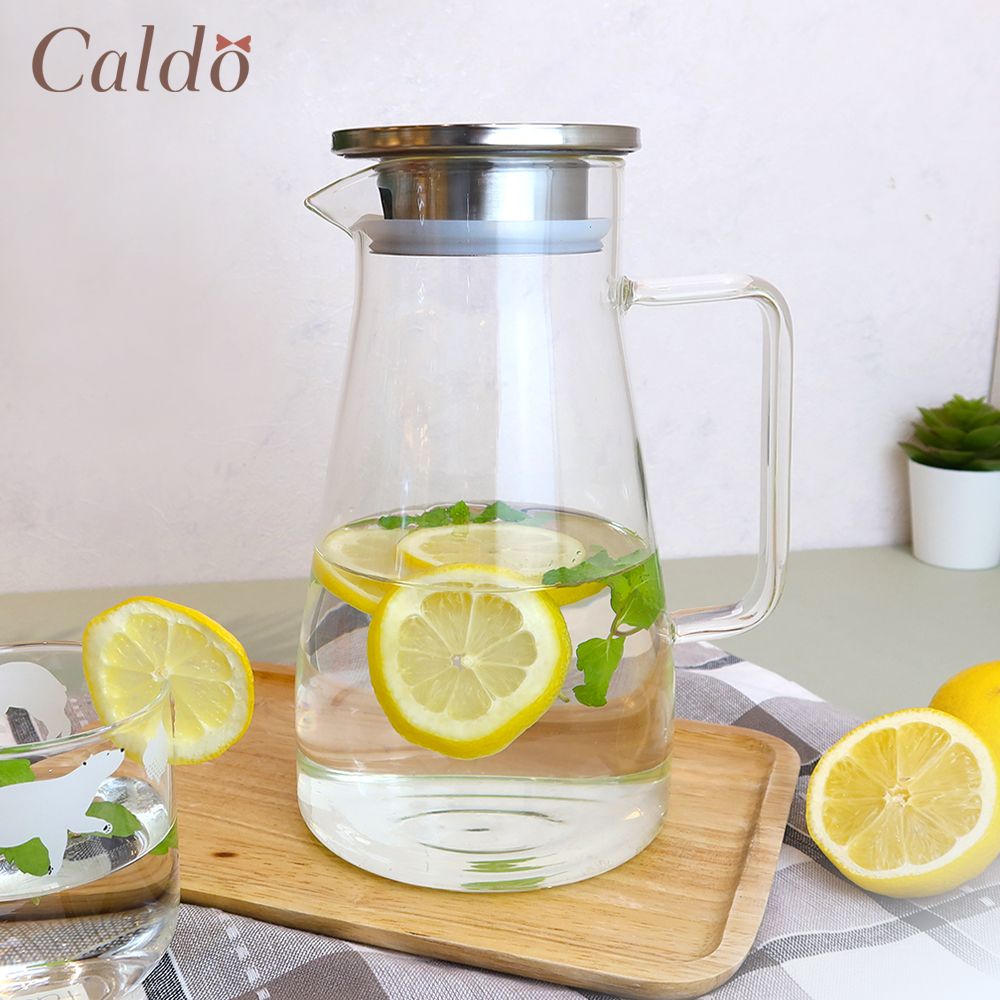 【Caldo 卡朵生活】錐形不鏽鋼蓋耐冷熱玻璃水壺 1.5L