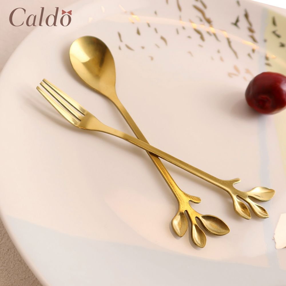 【Caldo 卡朵生活】小枝葉造型不鏽鋼叉勺4件組-金色