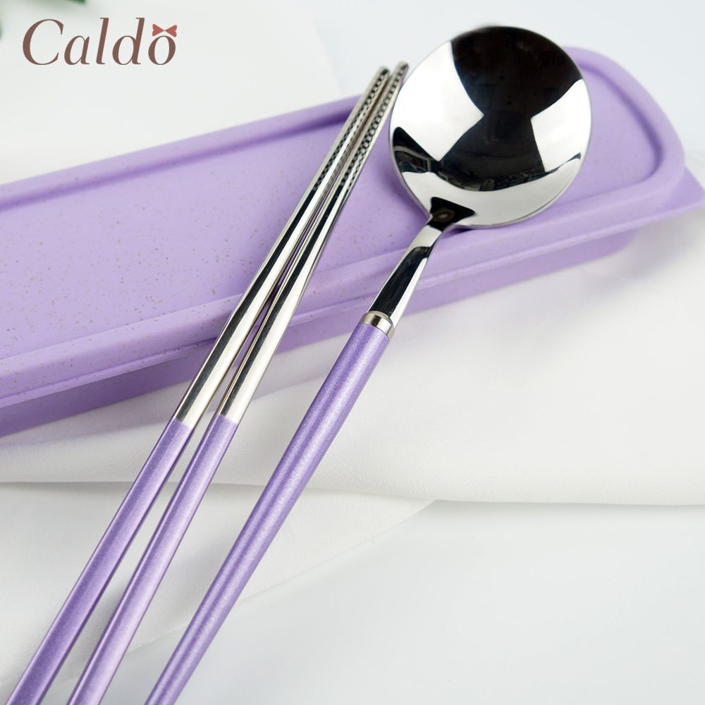 【Caldo 卡朵生活】經典不鏽鋼靜音餐具2件組(附盒)-紫x銀