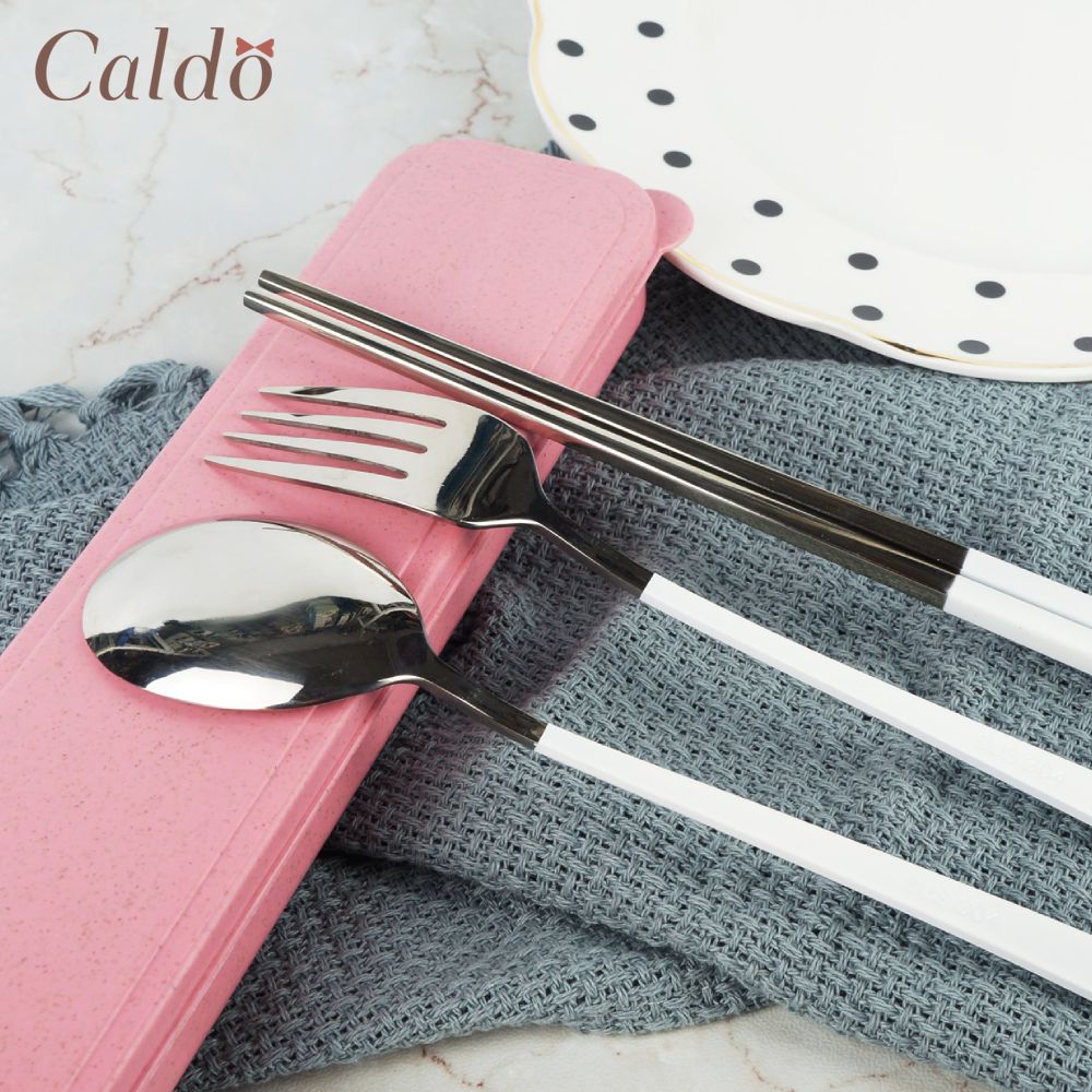 【Caldo 卡朵生活】質感隨身不鏽鋼環保餐具3件組(附盒)-白x銀