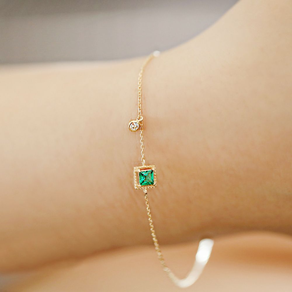 My'stere 925銀鍍14K金-日式輕奢簡約祖母綠方鑽手鍊