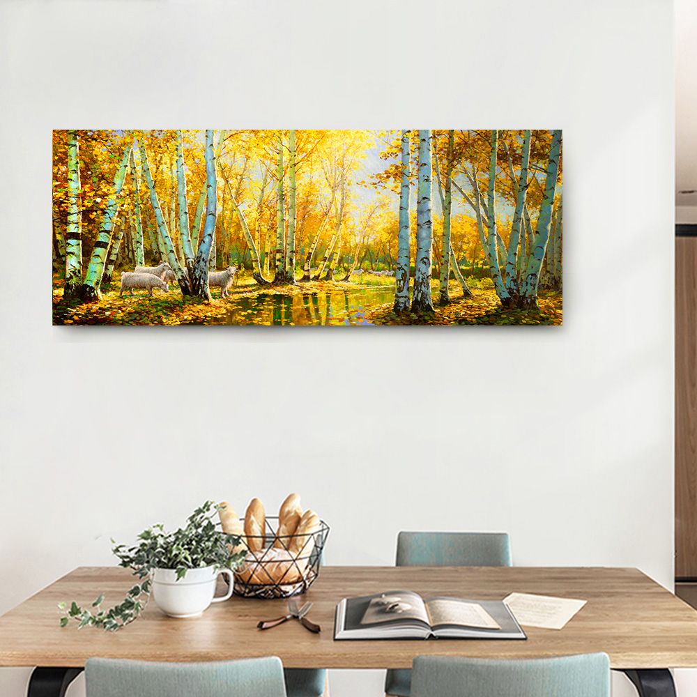 御畫房 金秋白樺林之二 國家一級畫師手繪油畫60x120cm