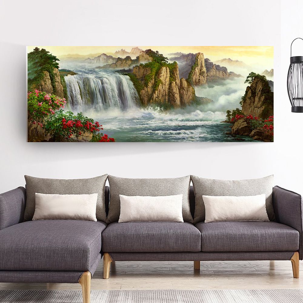 御畫房 高山飛瀑 國家一級畫師手繪油畫60x120cm