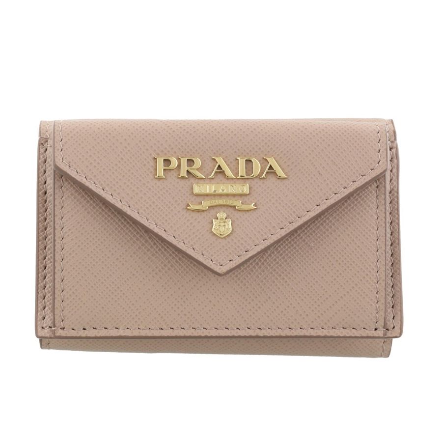 PRADA SAFFIANO金色浮雕LOGO防刮牛皮信封型暗釦三折錢包(粉)-平行輸入