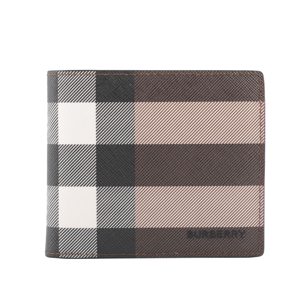 【BURBERRY】環保帆布大格紋零錢袋對開短夾(暗樺木棕色)/ 平行輸入