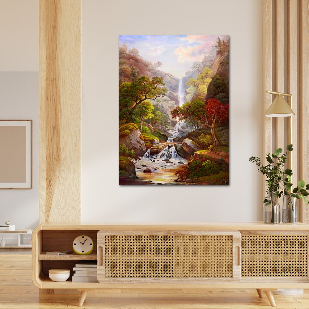 御畫房 高山飛瀑 國家一級畫師手繪油畫60×90cm(VF-104)