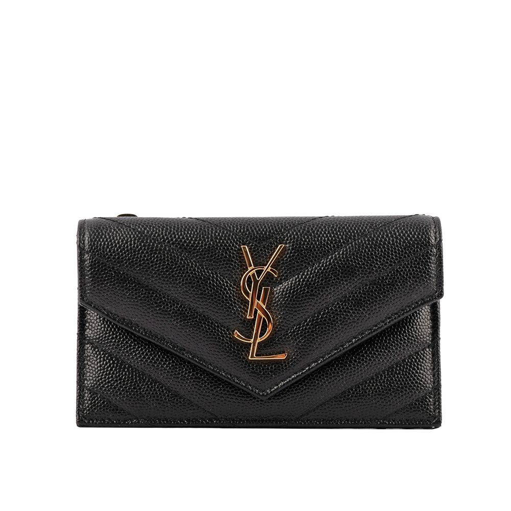 【YSL】山形紋荔枝皮金字logo卡片/零錢夾(黑色)/ 平行輸入