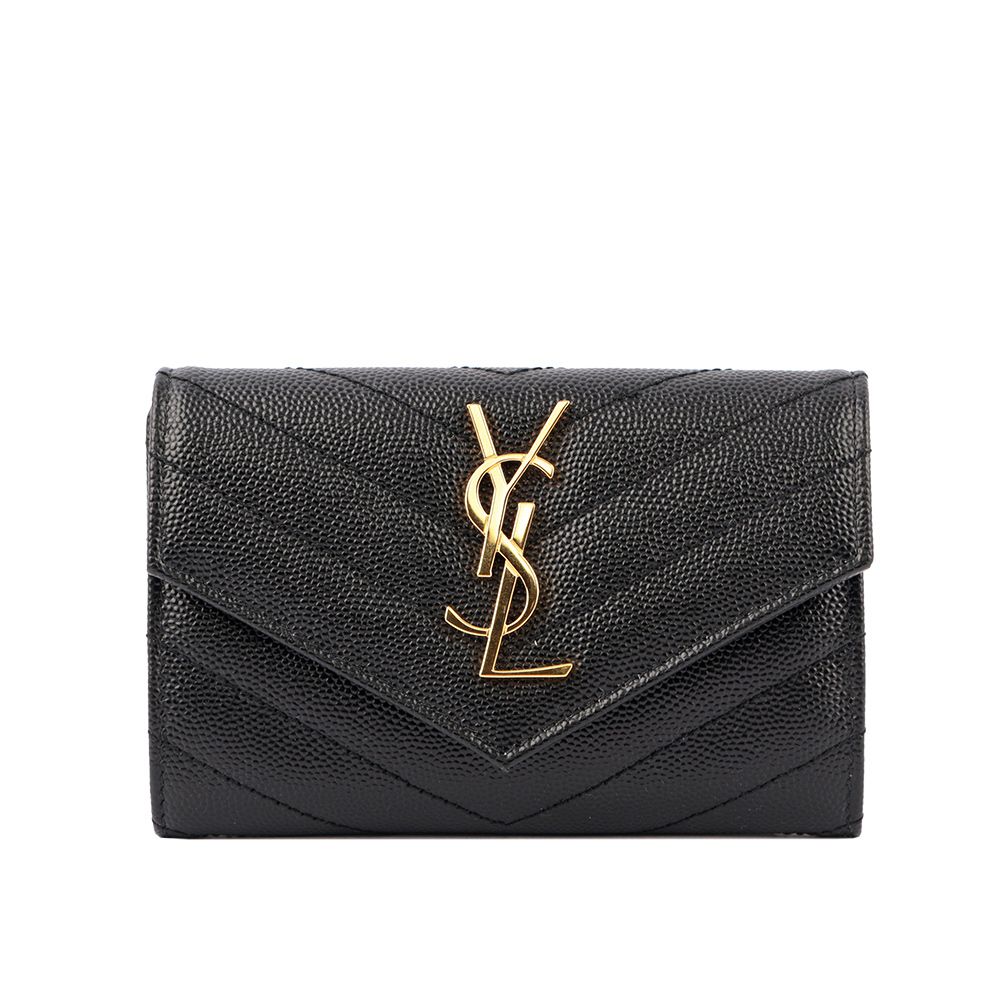 【YSL】山形紋荔枝皮金字logo小卡/短夾(黑)
