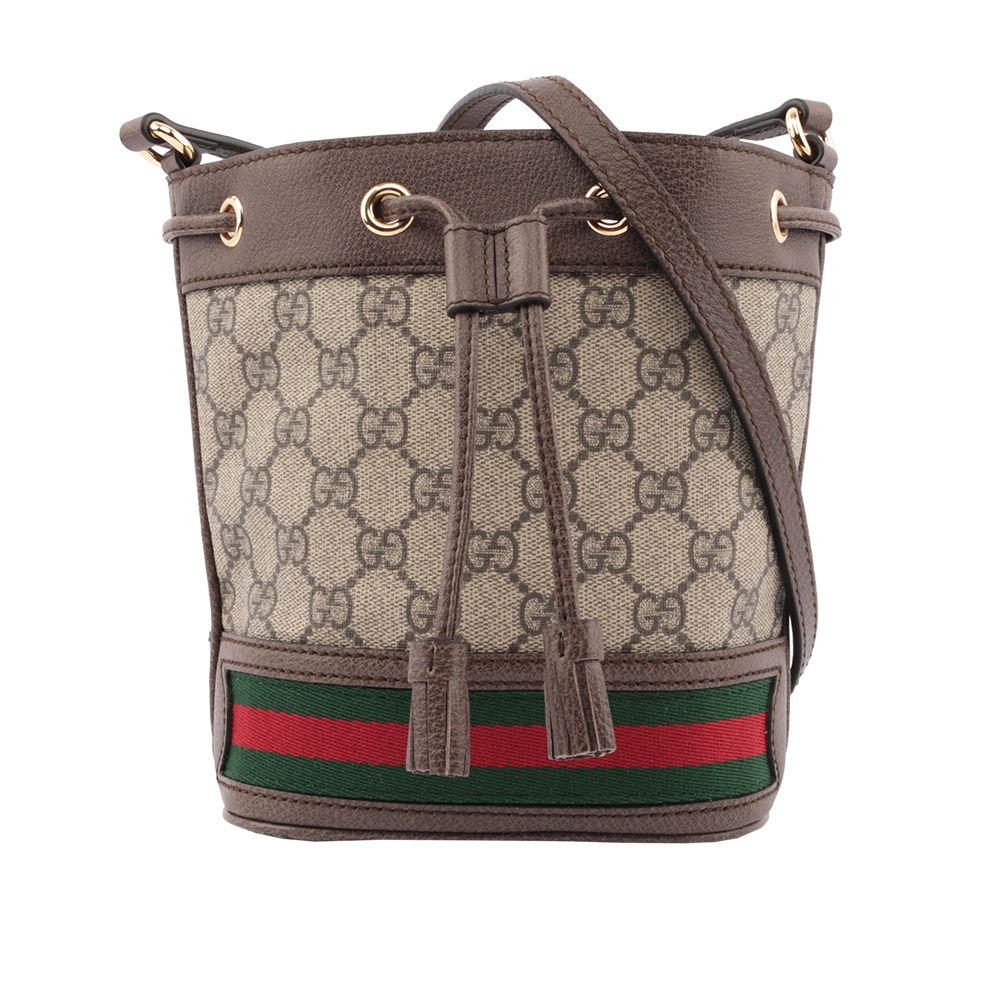 【GUCCI 古馳】GG Supreme Ophidia水桶斜背包(mini)(綠紅)/ 平行輸入