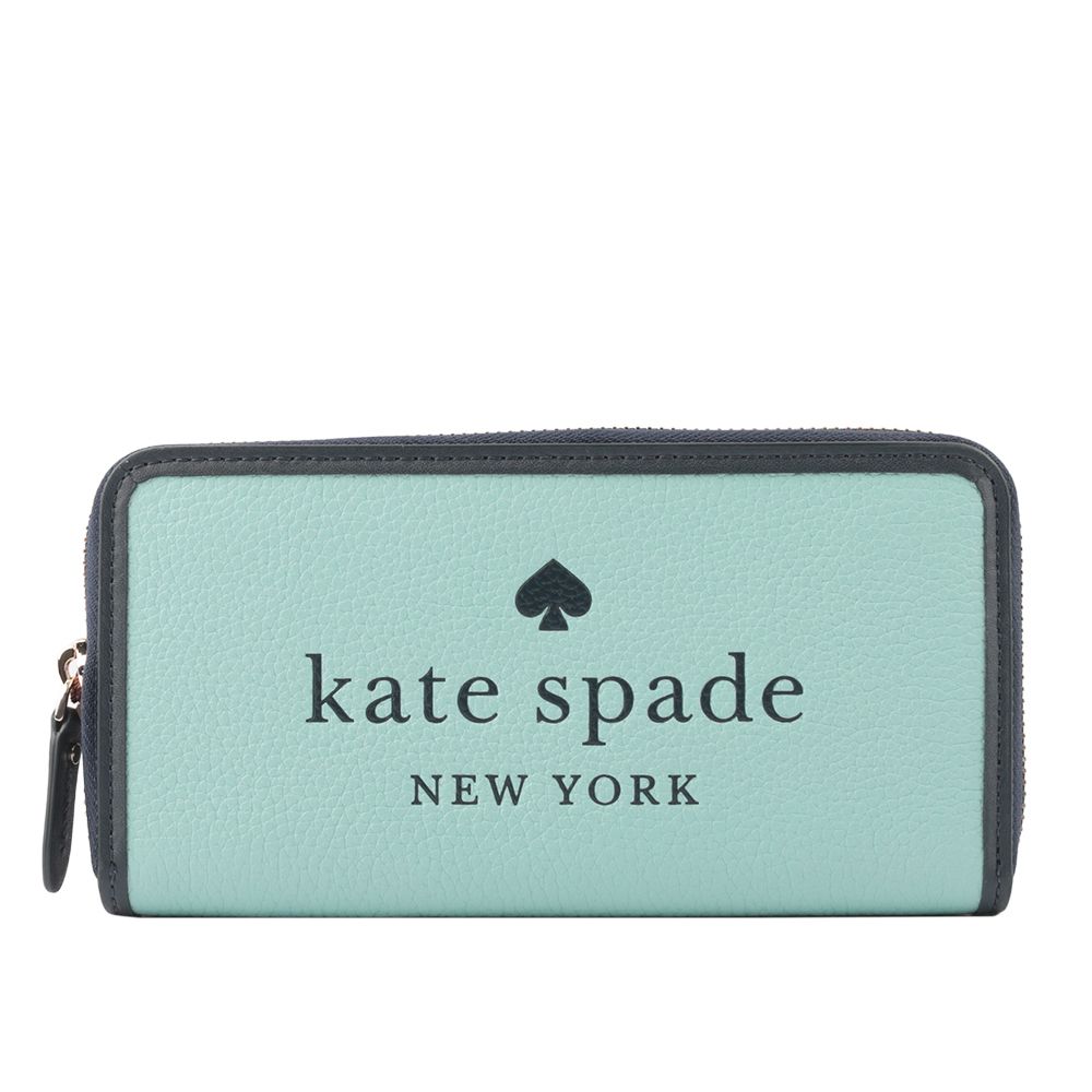 【Kate Spade】Ella 大標誌拼色荔枝皮革ㄇ形拉鍊長夾(池水藍/深藍)
