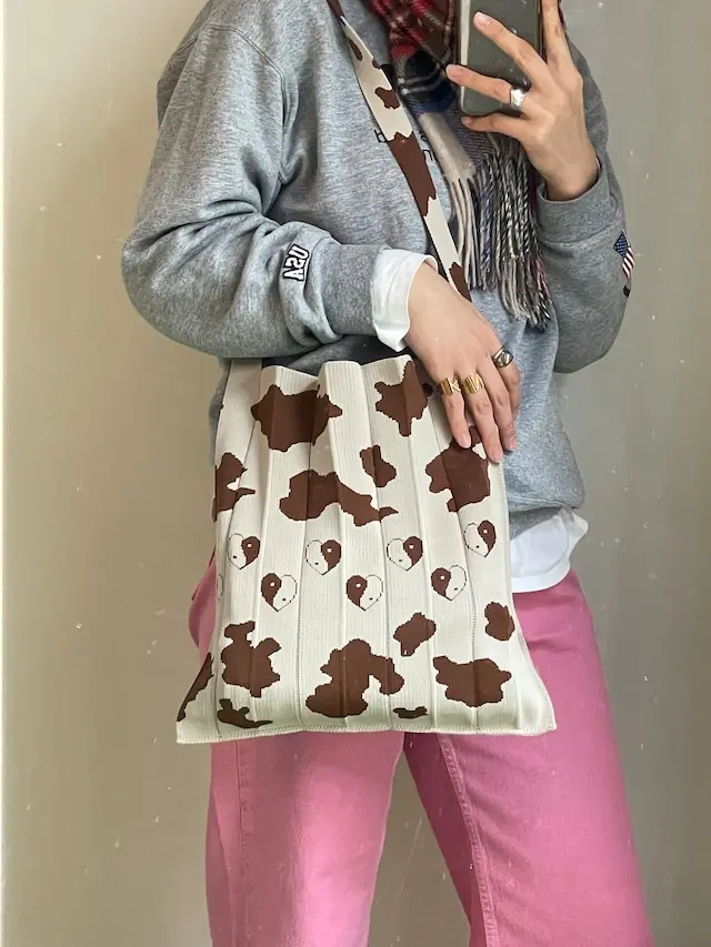 KNT365咖啡色乳牛摺疊環保包/ Knitty